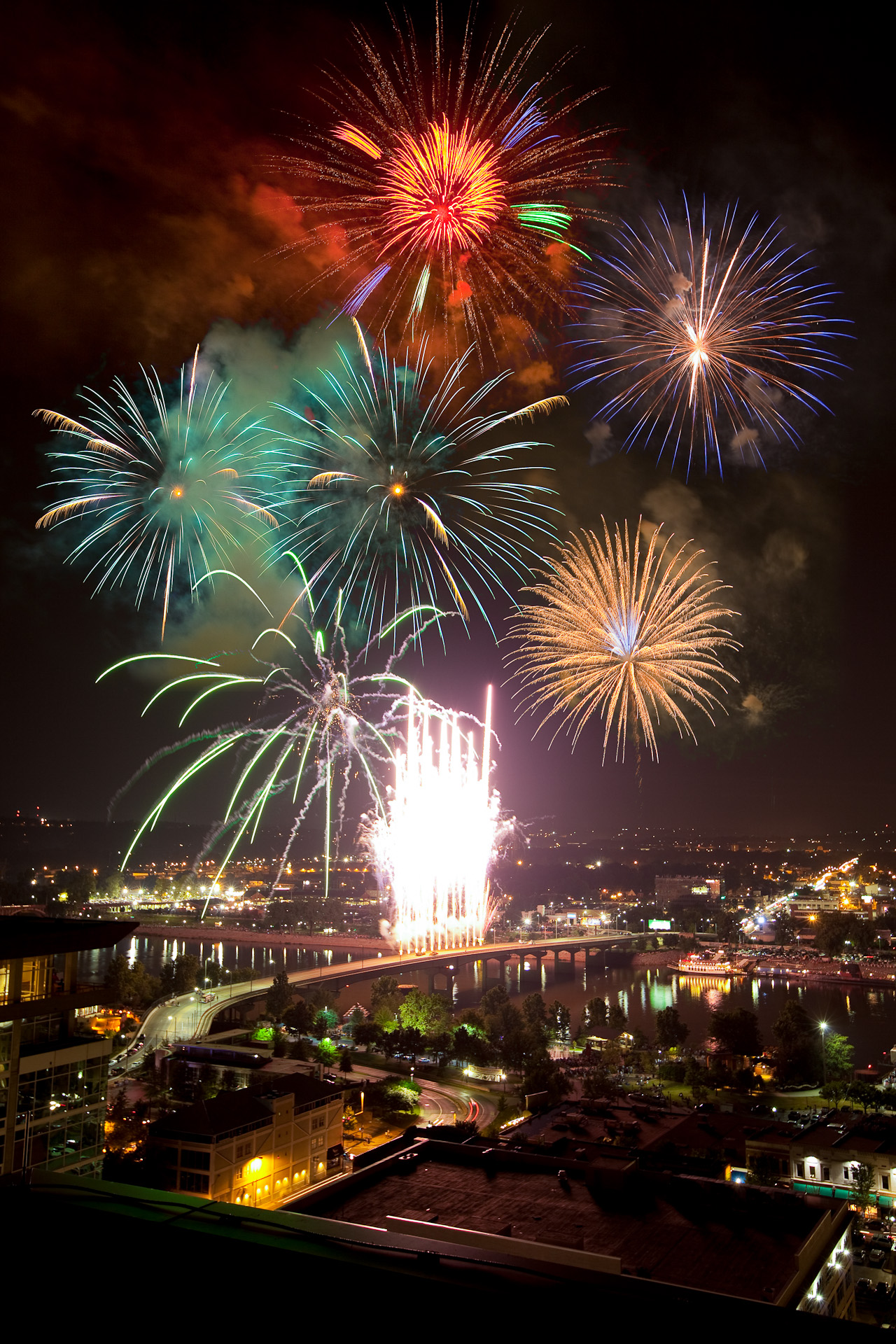 4th of July Fireworks seen from the River Market Tower Roof.